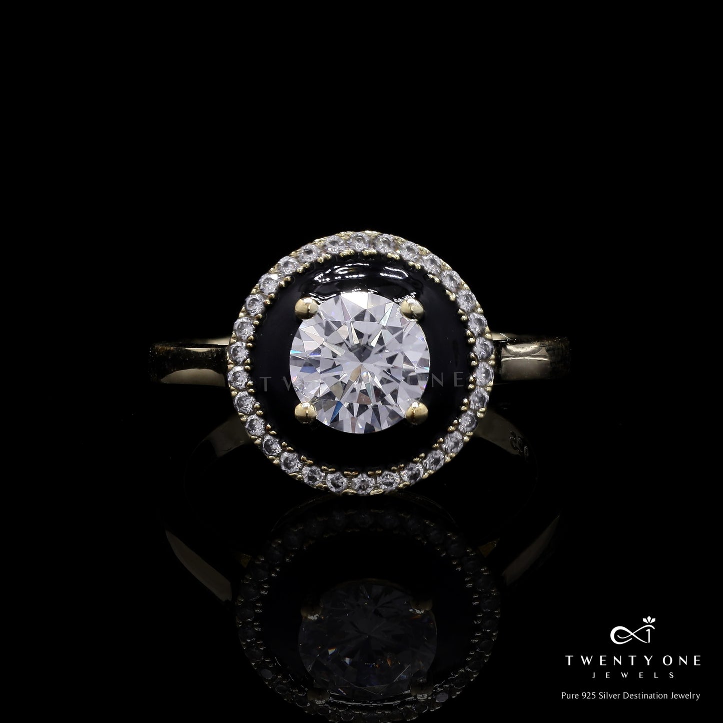 Gold Finish Reysa Solitaire Ring with Black Enamel Detailing on Pure 925 Silver.