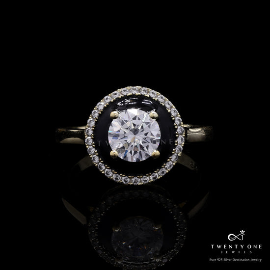 Gold Finish Reysa Solitaire Ring with Black Enamel Detailing on Pure 925 Silver.