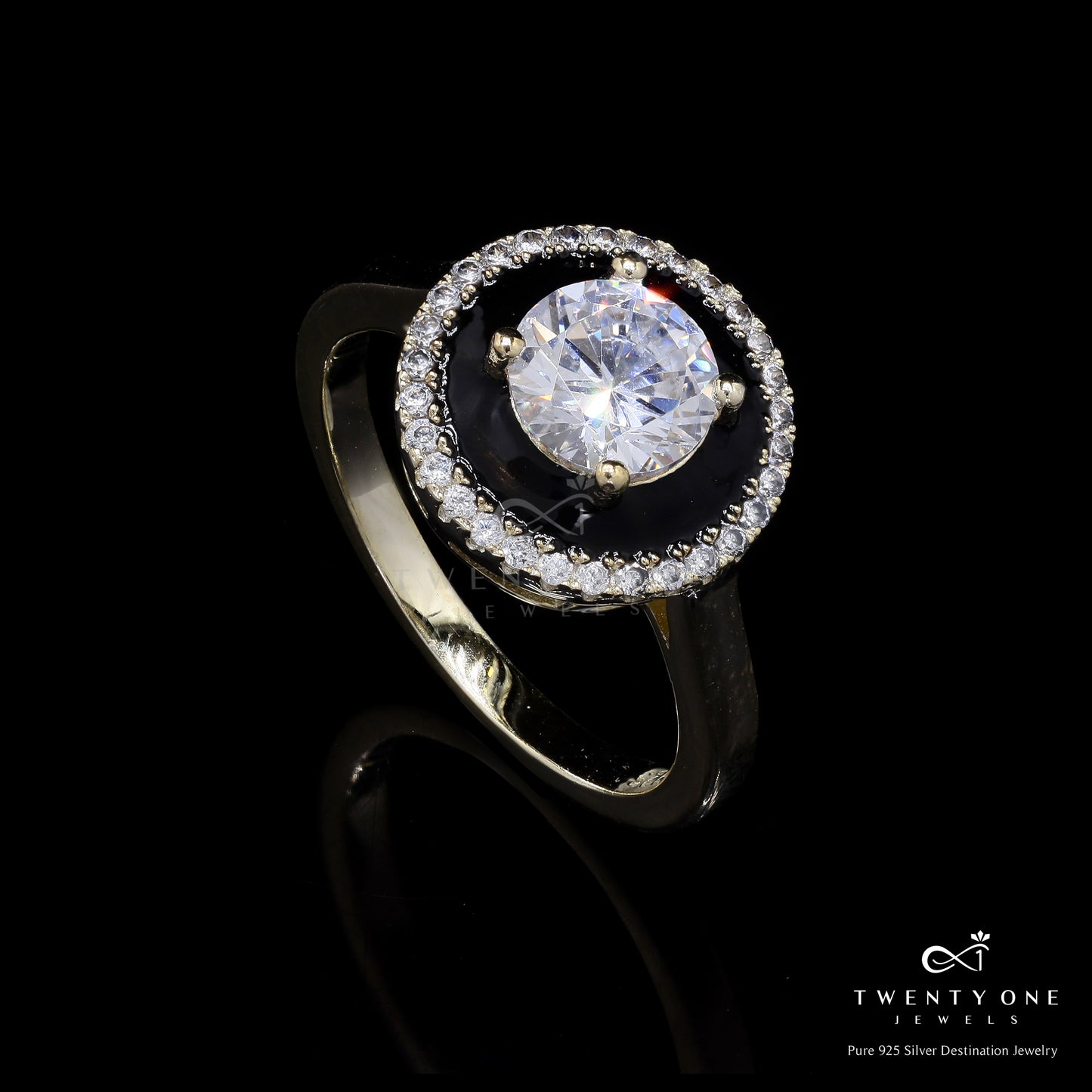 Gold Finish Reysa Solitaire Ring with Black Enamel Detailing on Pure 925 Silver.