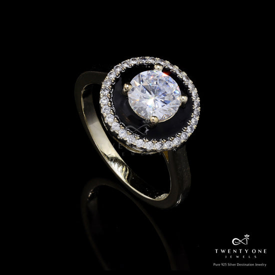 Gold Finish Reysa Solitaire Ring with Black Enamel Detailing on Pure 925 Silver.