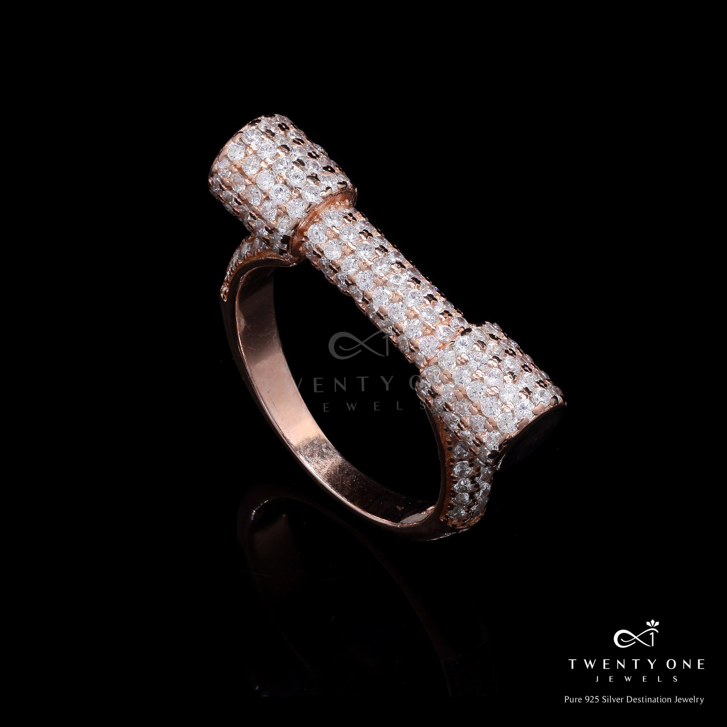 Luxury Brand Inspired Rose Gold Handle Bar Ring with Micro Setting American Diamonds on Pure 925 Silver