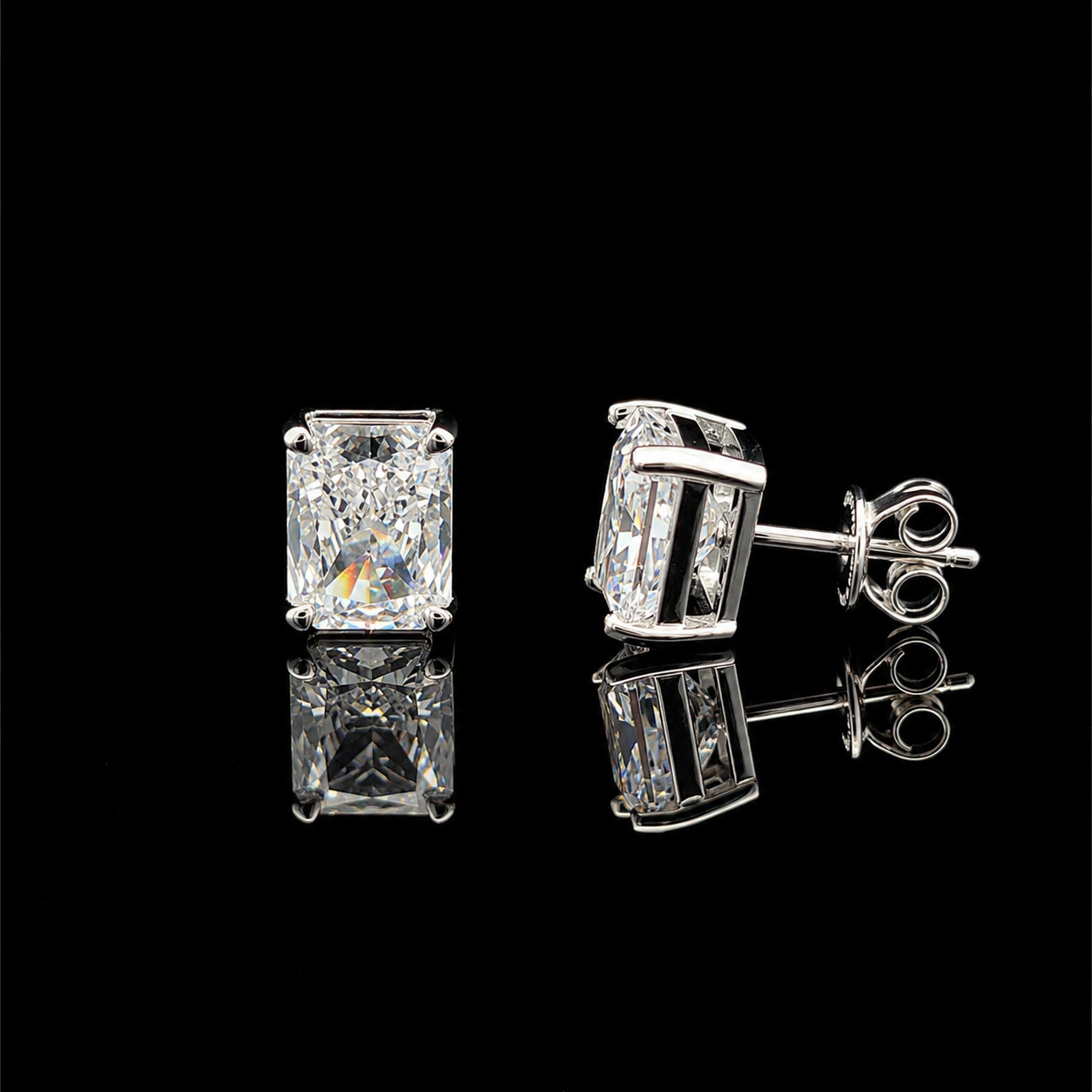 Crushed Ice Ultra Premium 3 Carat Each Emerald Cut Solitaire Studs on Pure 925 Silver