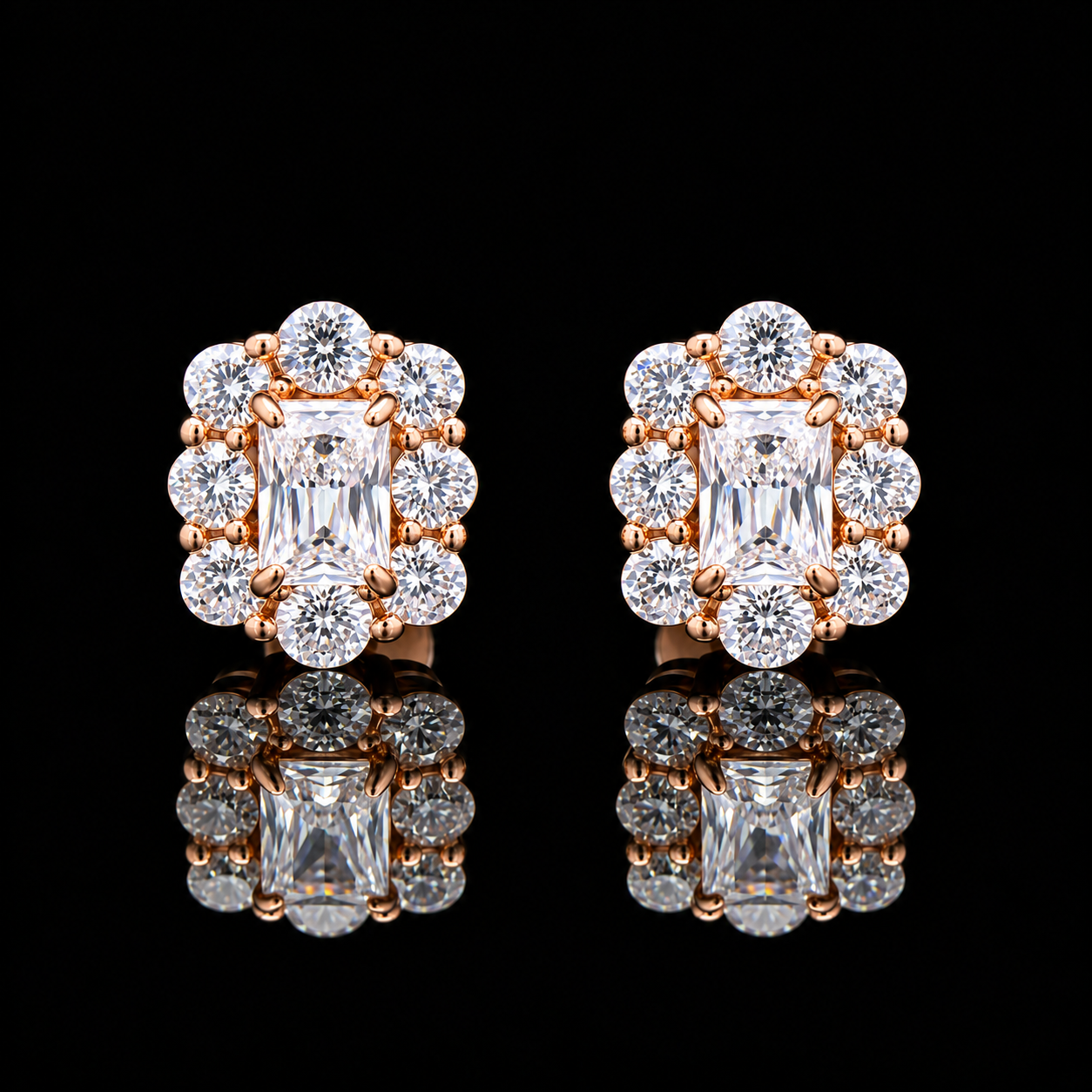 Ultra Premium Ice Cut American Diamond Pure 925 Silver Emerald Cut Solitaire Round Halo Stud Earrings in Rose Gold Finish for Women