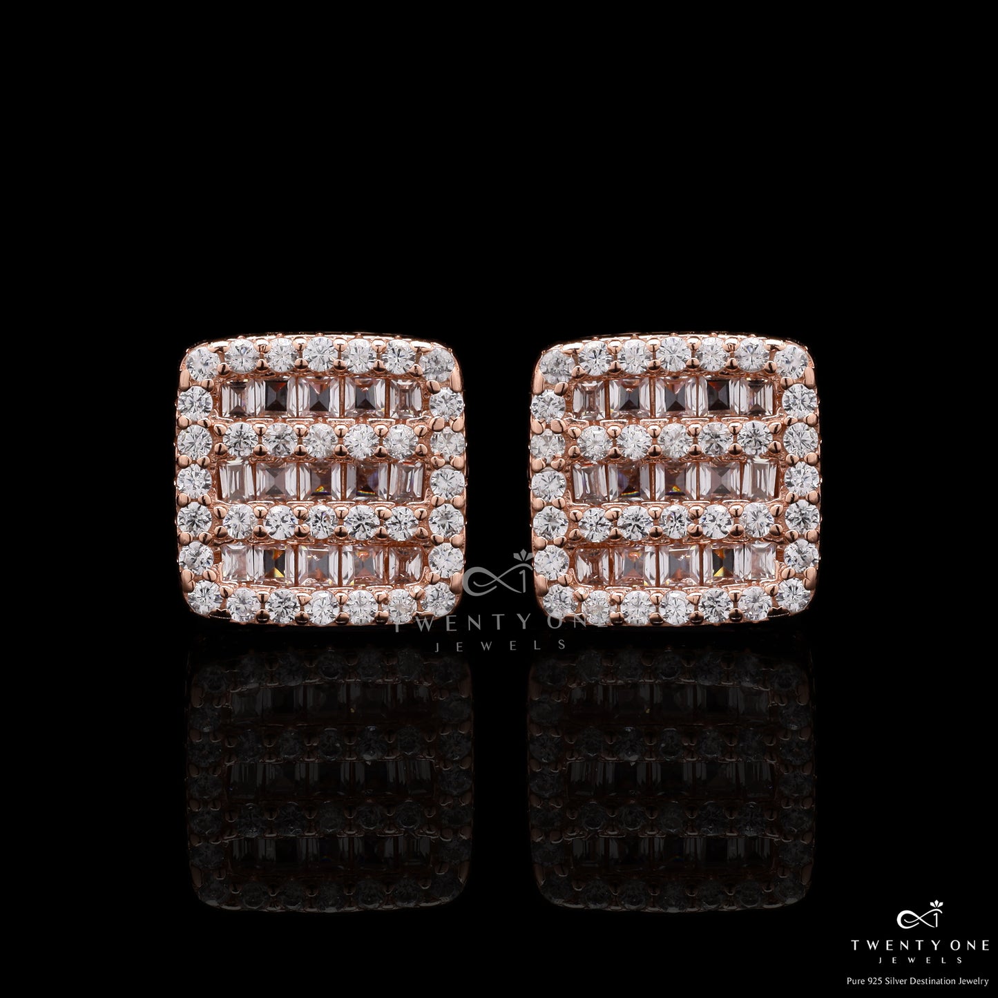 Rose Gold Alyona Studs with Diamond Baguette on 925 Silver