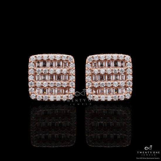 Rose Gold Alyona Studs with Diamond Baguette on 925 Silver
