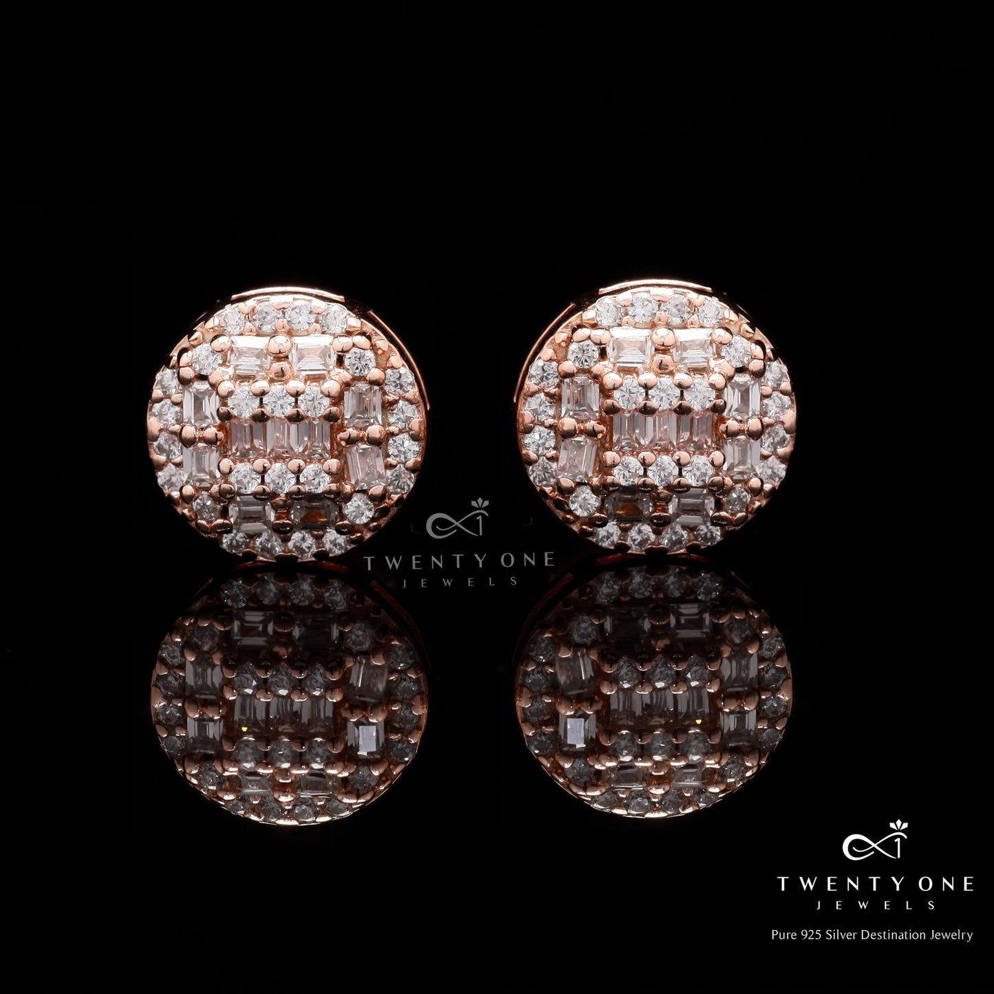 Twenty One Jewels Raksha Bandhan Combo of Round Rose Gold Halo and Oval Elegance Studs on Pure 925 Silver