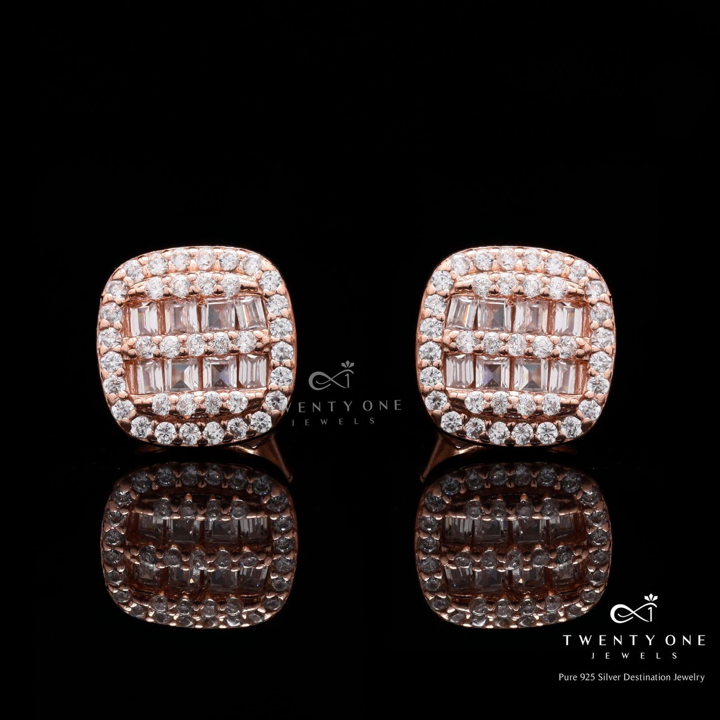 Twenty One Jewels Raksha Bandhan Combo of Rose Gold Baguette Studs and Oval Solitaire Studs on Pure 925 Silver on Pure 925 Silver