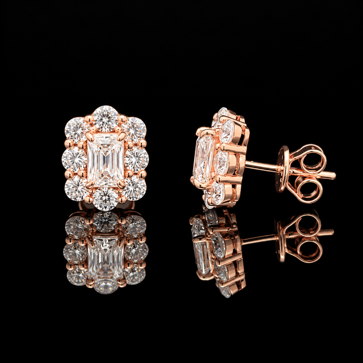 Ultra Premium Ice Cut American Diamond Pure 925 Silver Emerald Cut Solitaire Round Halo Stud Earrings in Rose Gold Finish for Women