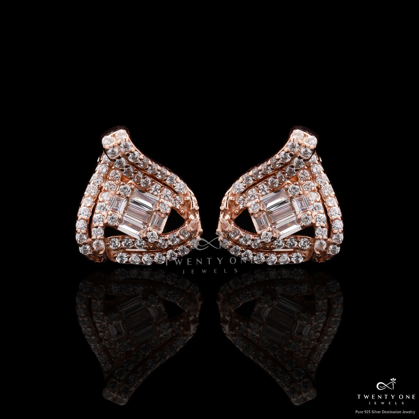 Rose Gold Lily Floral Studs with Diamond Baguettes on 925 Silver