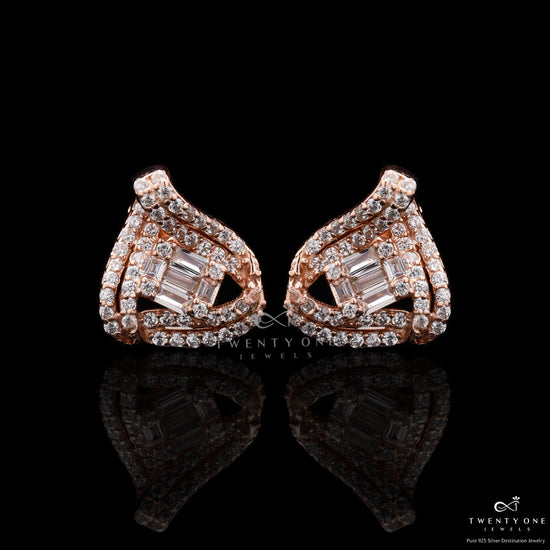 Rose Gold Lily Floral Studs with Diamond Baguettes on 925 Silver