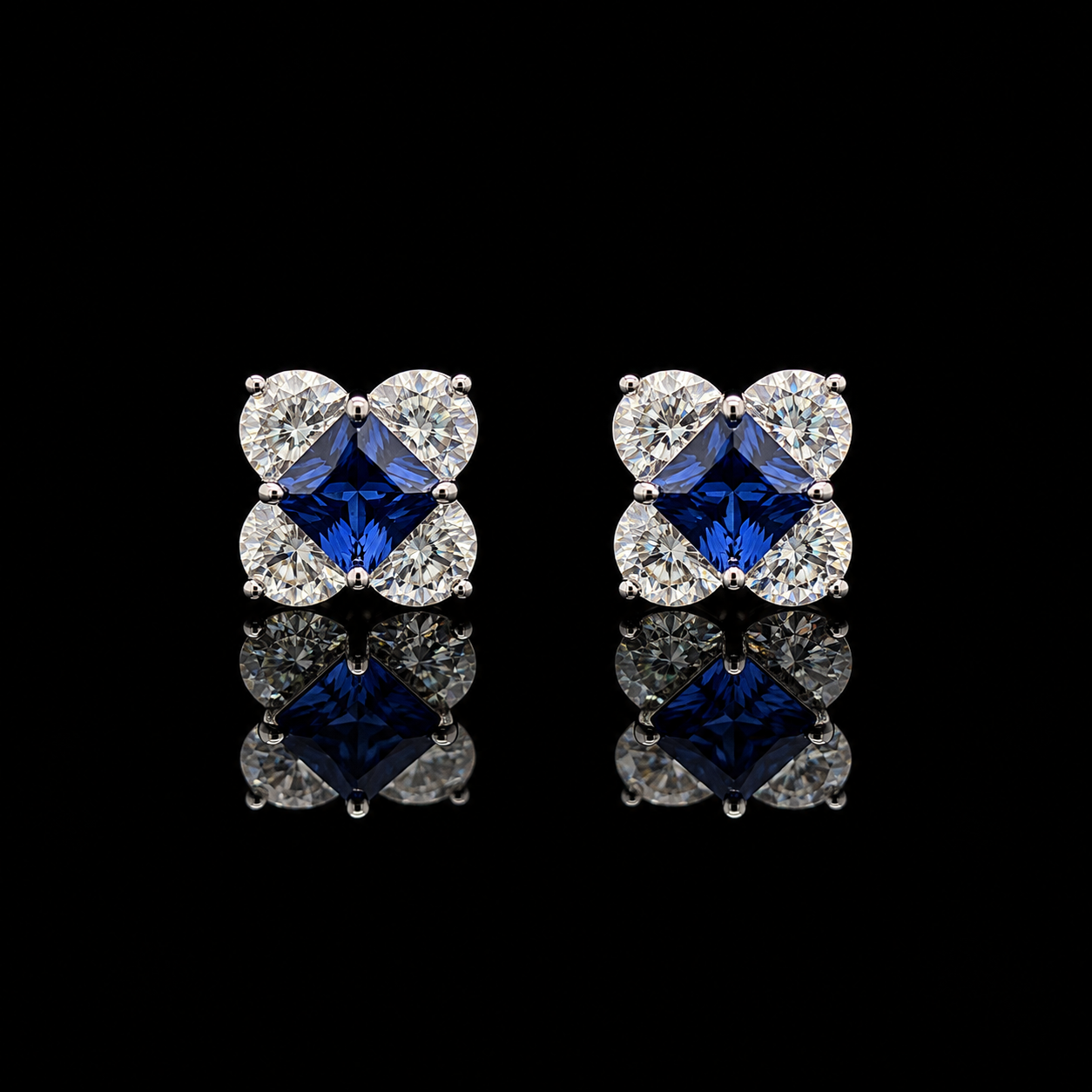Pure 925 Silver Neel Blue Sapphire American Diamond Stud Earrings for Women | Twenty One Jewels