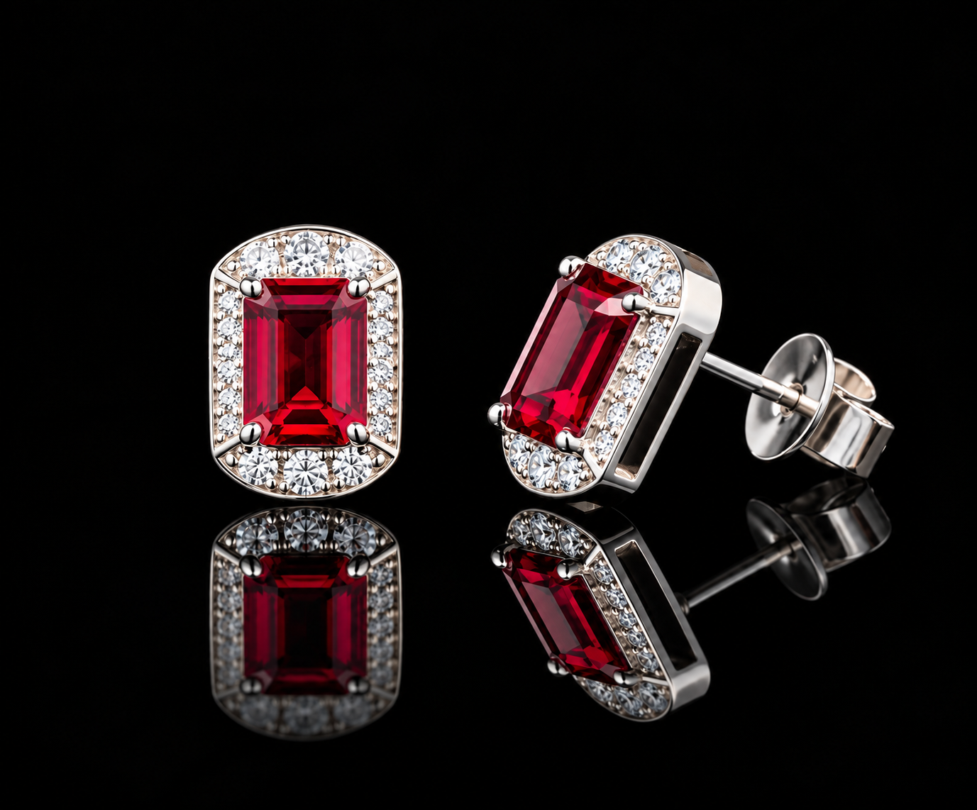 Ultra Premium 1.27 Carat Each Ruby Emerald Cut Solitaire with Premium Art Deco Cluster Setting on Pure 925 Silver | Twenty One Jewels