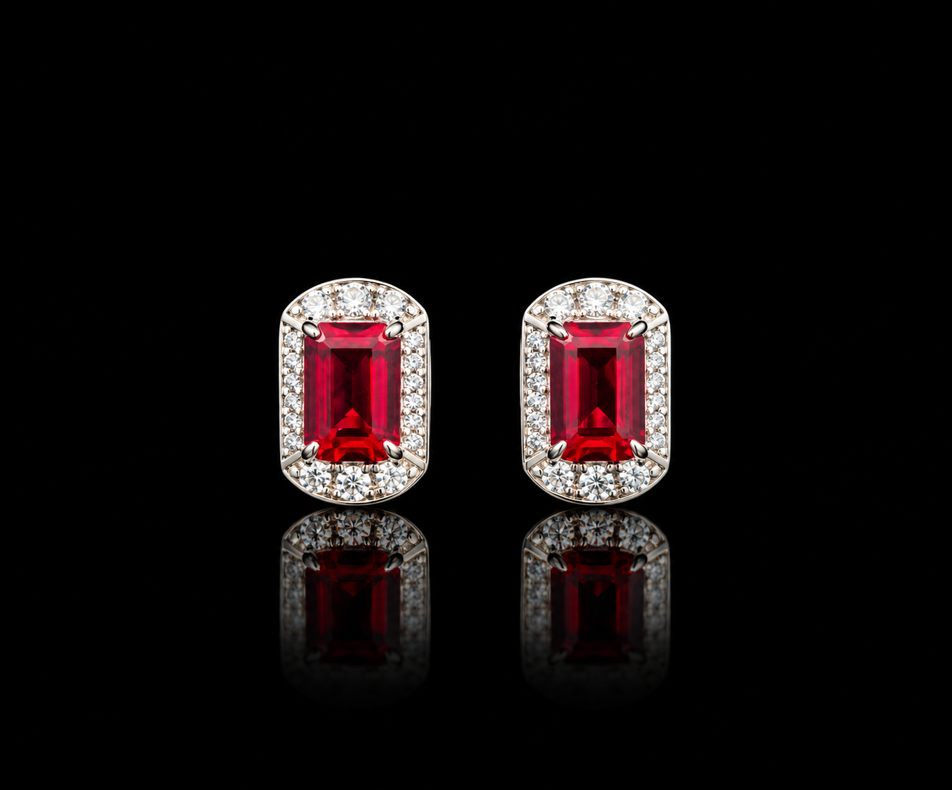 Ultra Premium 1.27 Carat Each Ruby Emerald Cut Solitaire with Premium Art Deco Cluster Setting on Pure 925 Silver | Twenty One Jewels