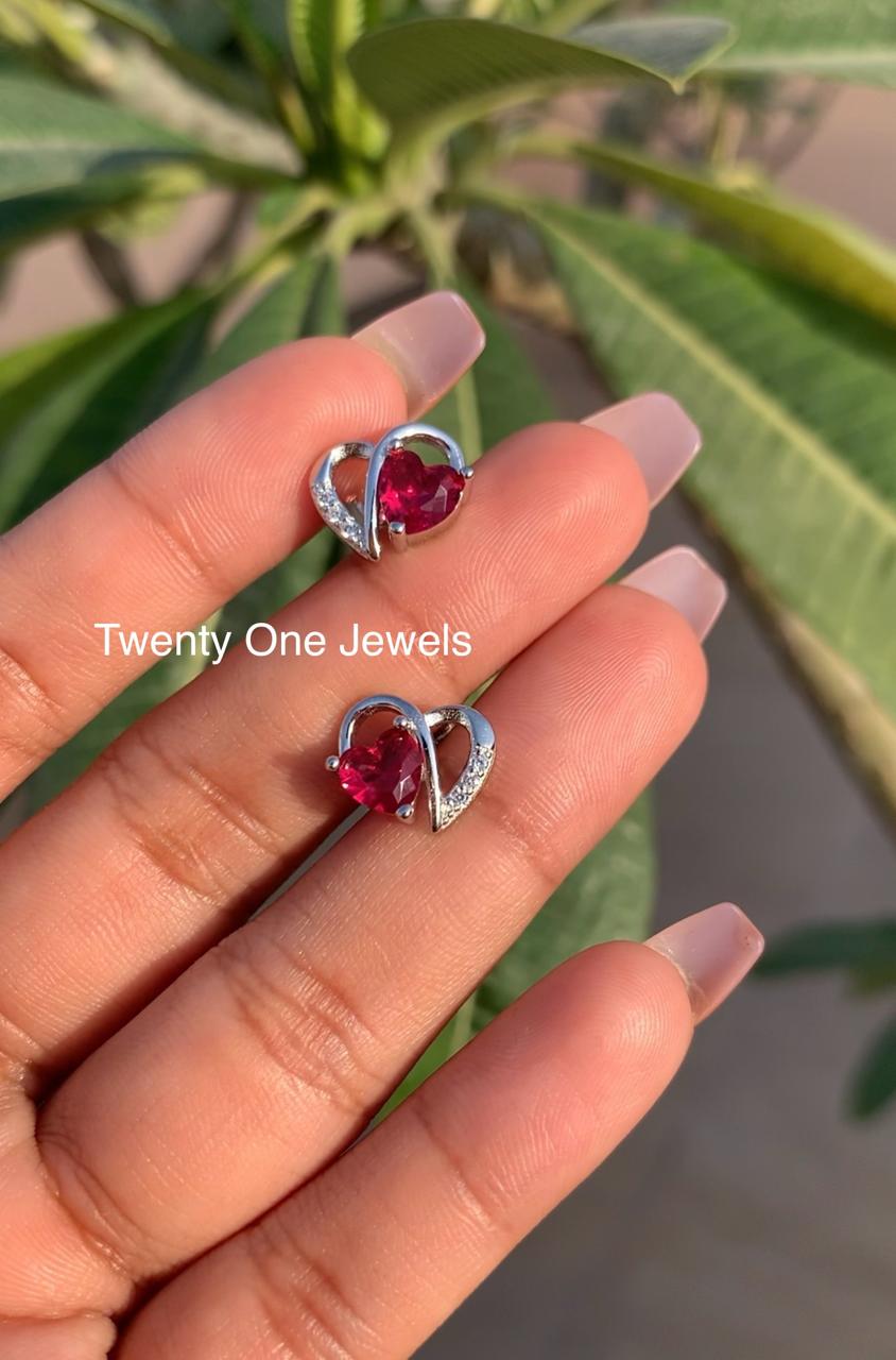 Valentines Exclusive Ruby Heart Solitaire Mitsy Studs on Pure 925 Silver