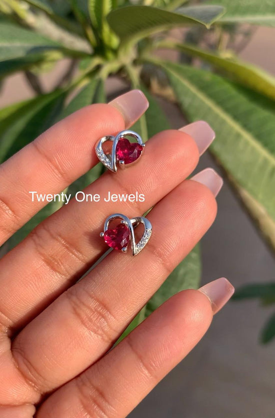 Valentines Exclusive Ruby Heart Solitaire Mitsy Studs on Pure 925 Silver