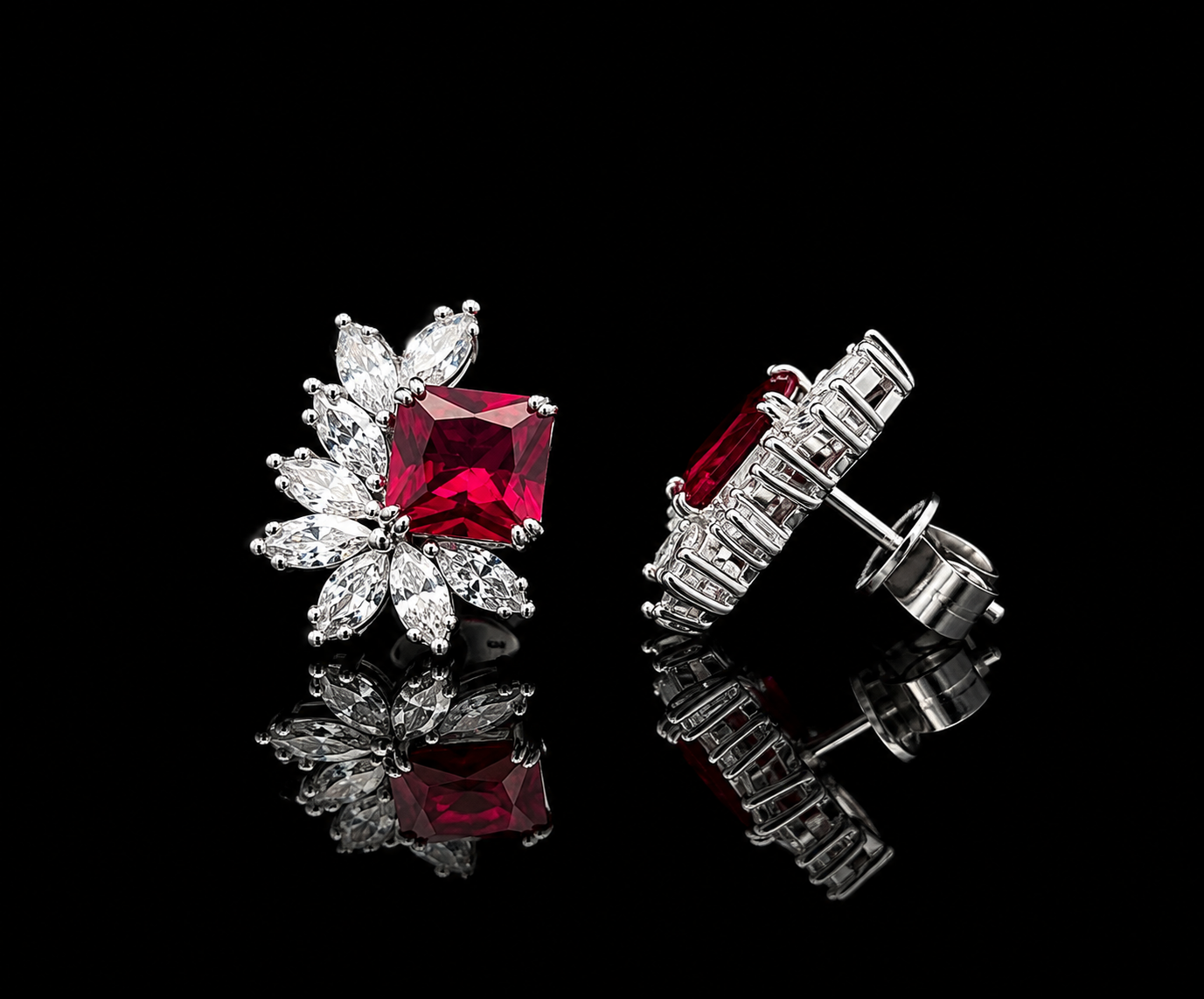 Ultra Premium Pure 925 Silver Valentina Ruby Pink American Diamond Statement Stud Earrings for Women | Twenty One Jewels