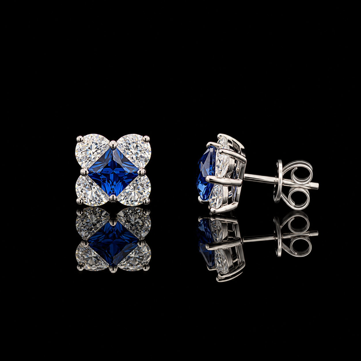 Pure 925 Silver Neel Blue Sapphire American Diamond Stud Earrings for Women | Twenty One Jewels
