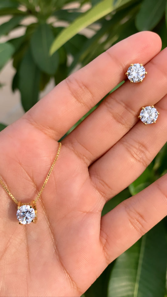 The 18k Gold Finish Classic Solitaire Pendant Set with Premium Screw Back Studs on Pure 925 Silver ( 1 Year Warranty)