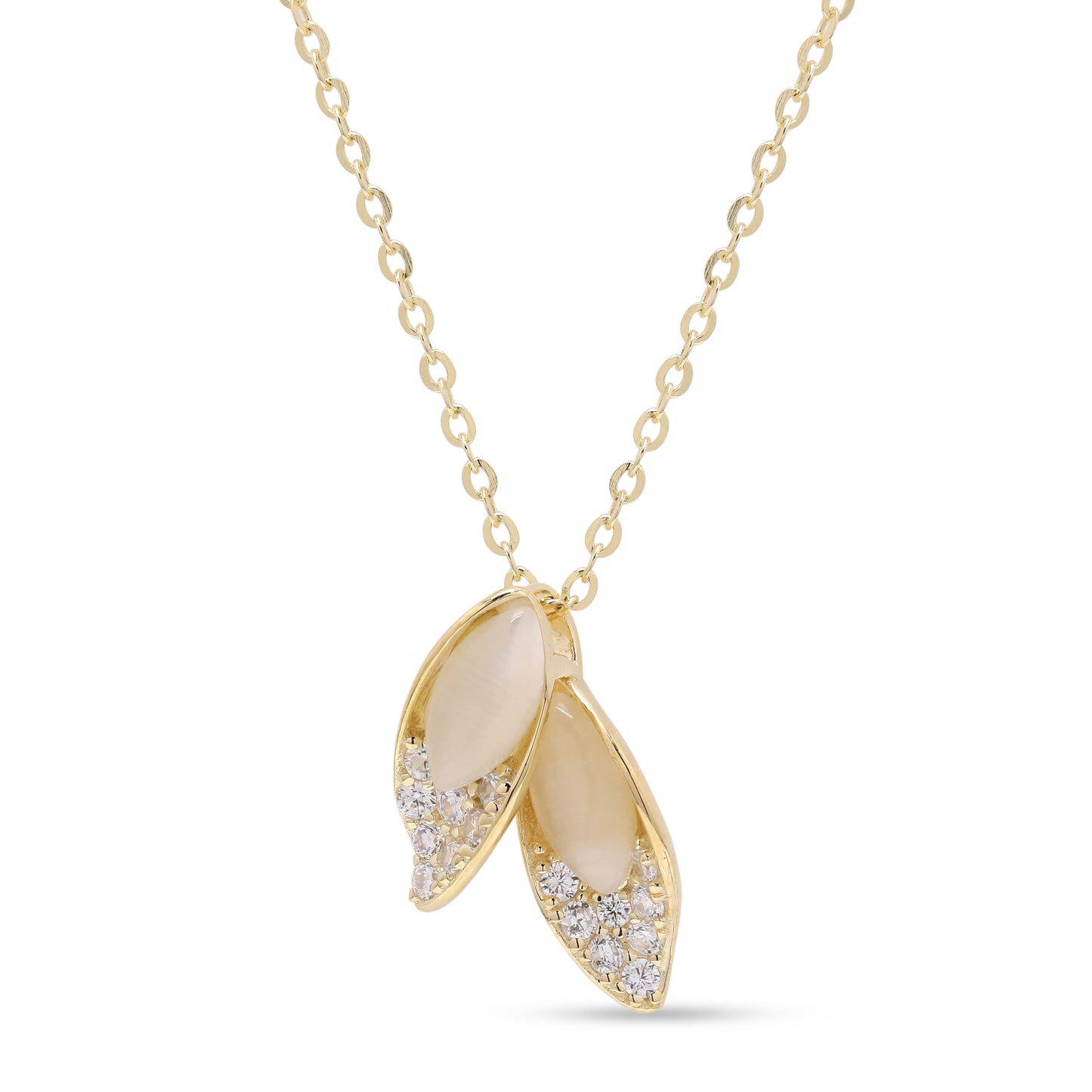 18k Gold Finish American Diamond Studded Leaf Pair Pendant with Chain on Pure 925 Silver.