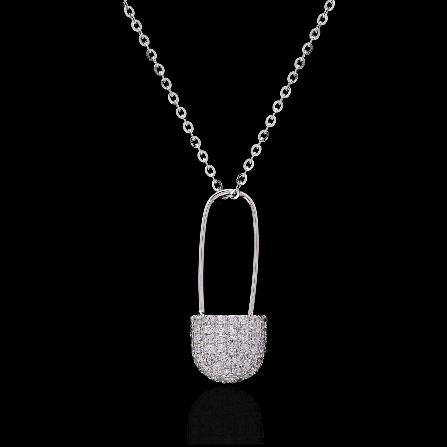 Diamond Studded Safety Pin Pendant with Chain on Pure 925 Silver