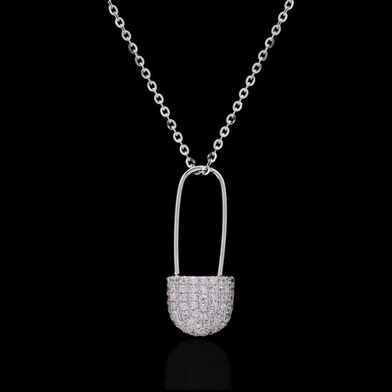 Diamond Studded Safety Pin Pendant with Chain on Pure 925 Silver