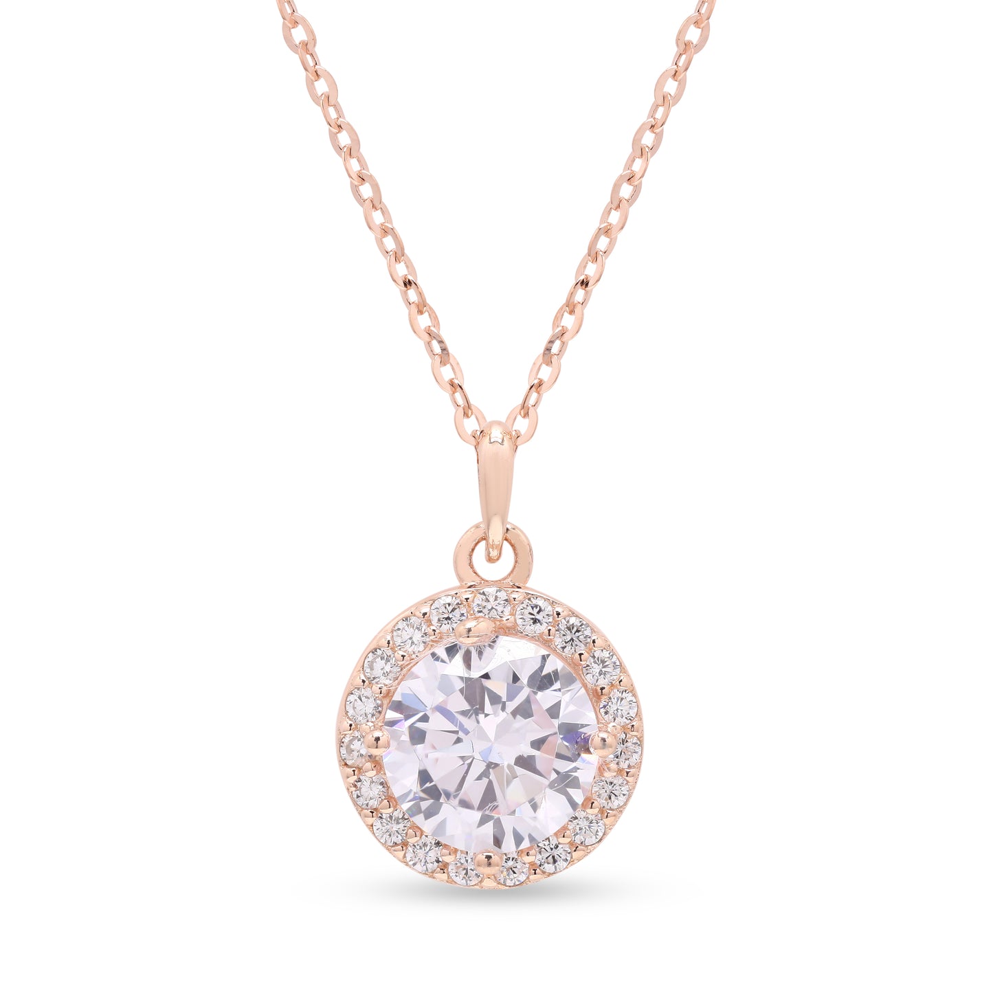 Rose Gold 2 Carat Round Cut Solitaire Adeline Pendant with Chain on Pure 925 Silver