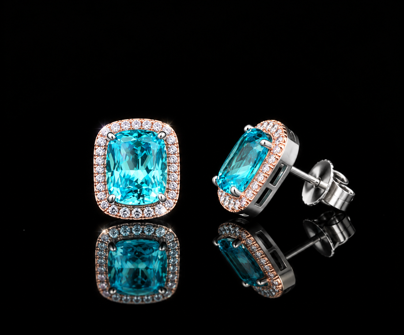 Ultra Premium Ice Cut American Diamond Pure 925 Silver Aqua Blue Cushion Cut Pink Halo Statement Stud Earrings for Women | Twenty One Jewels