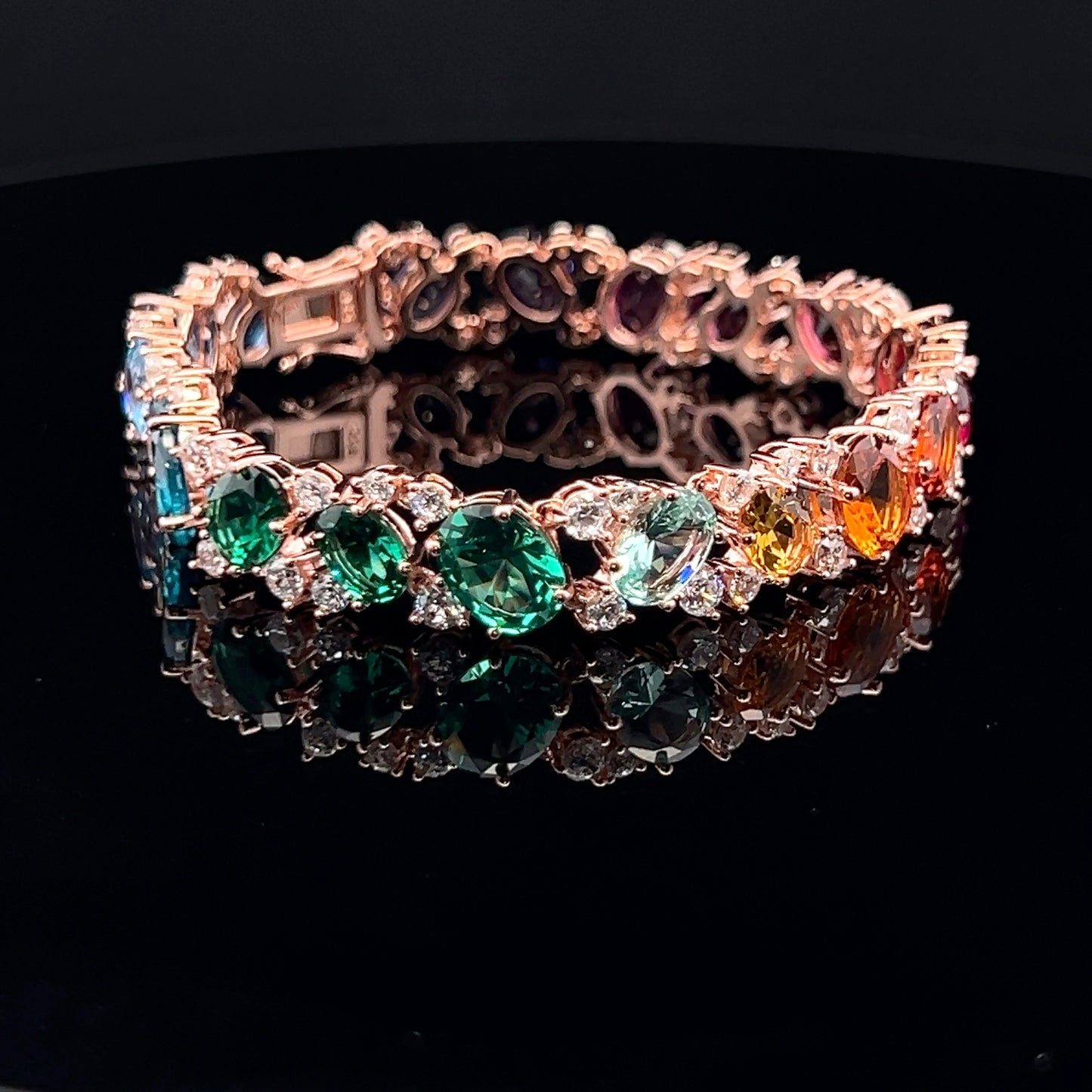 Ultra Premium Rose Gold Finish Oval Cut Solitaire Rainbow Tennis Bracelet on Pure 925 Silver