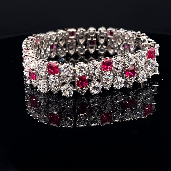 Ultra Premium Chunky Princess Cut Ruby Tennis Bracelet with 50 Pointer Round Cut Solitaires on Pure 925 Silver