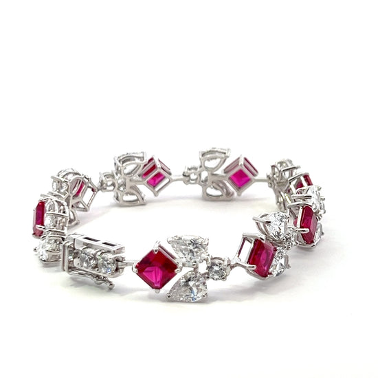 Ultra Premium Ruby Ice Cut Multi Solitaire Tennis Bracelet on Pure 925 Silver with Box Lock and Double Side Rhodium Plating