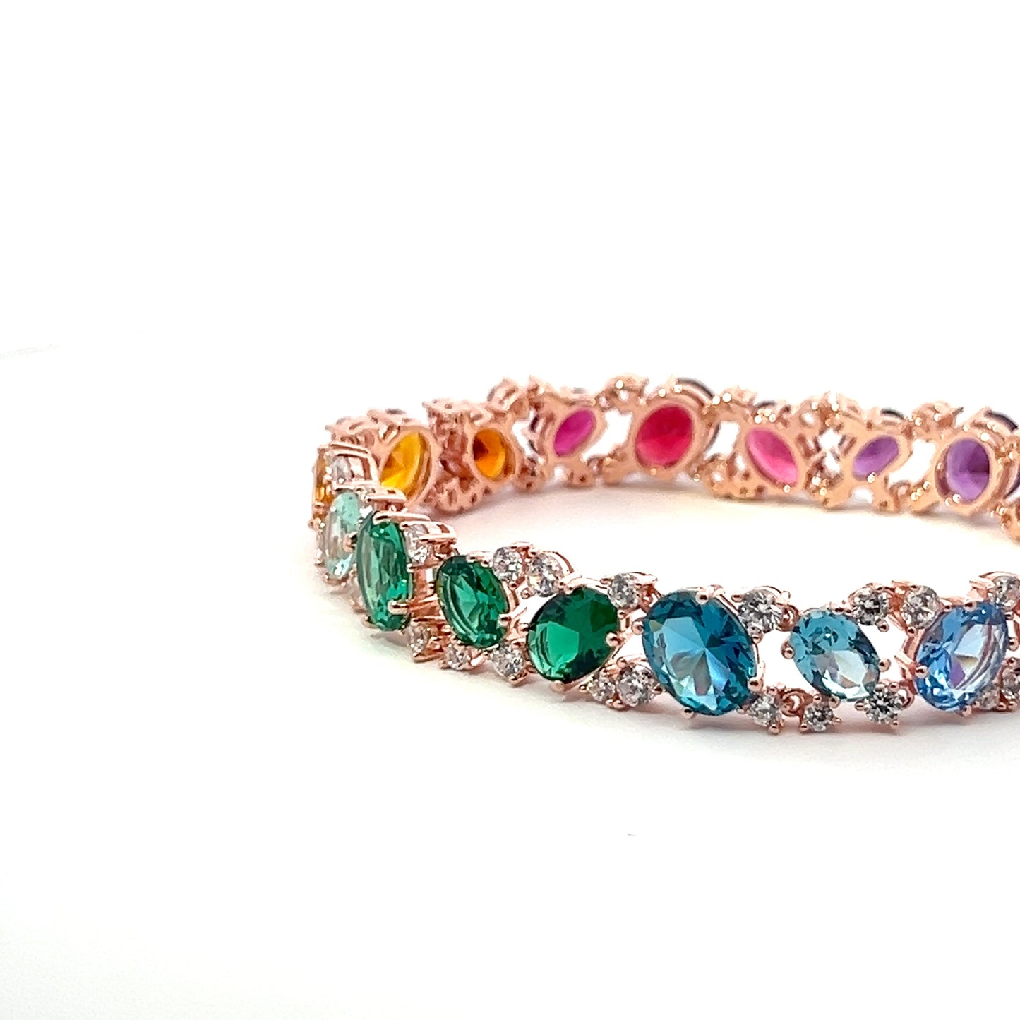 Ultra Premium Rose Gold Finish Oval Cut Solitaire Rainbow Tennis Bracelet on Pure 925 Silver