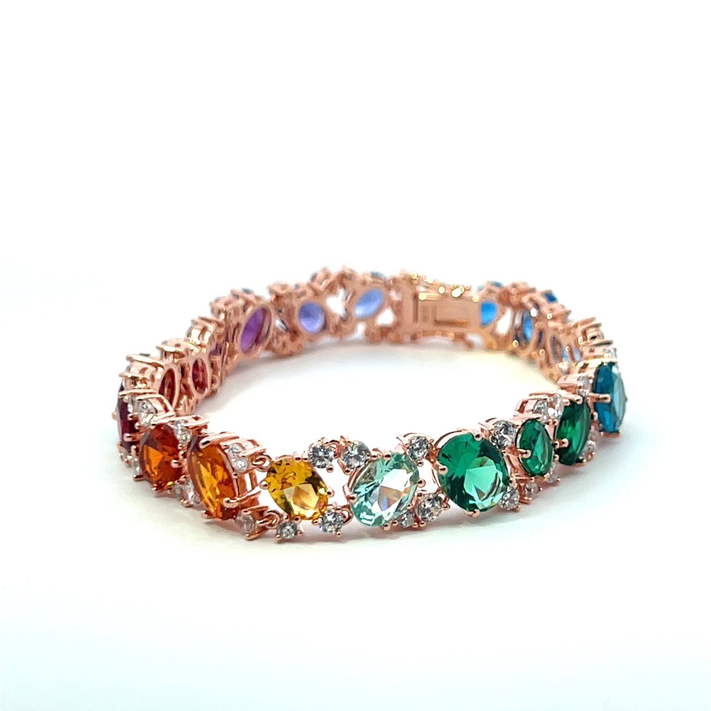 Ultra Premium Rose Gold Finish Oval Cut Solitaire Rainbow Tennis Bracelet on Pure 925 Silver