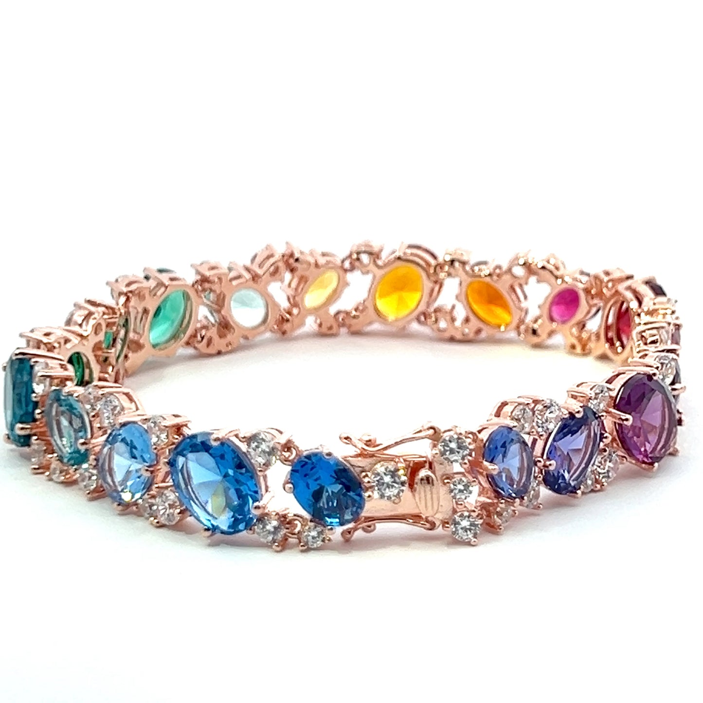 Ultra Premium Rose Gold Finish Oval Cut Solitaire Rainbow Tennis Bracelet on Pure 925 Silver