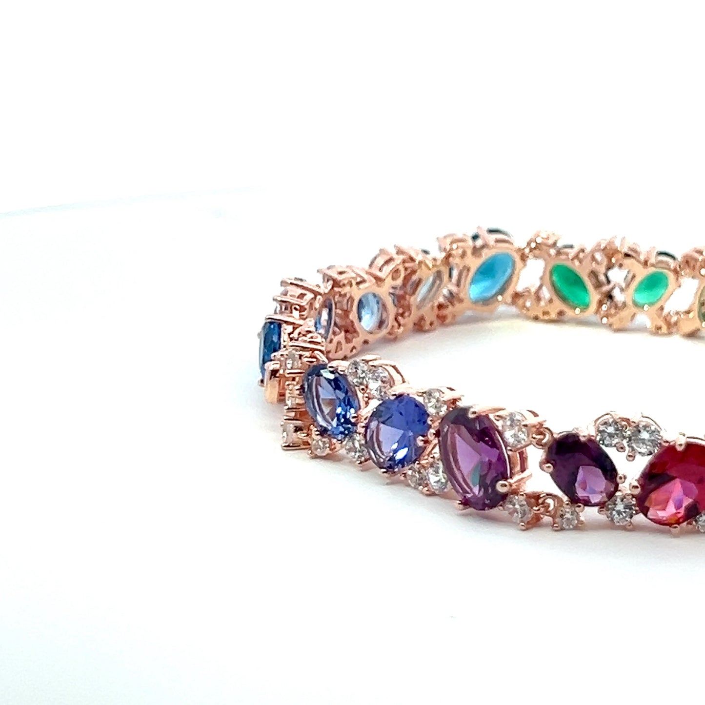 Ultra Premium Rose Gold Finish Oval Cut Solitaire Rainbow Tennis Bracelet on Pure 925 Silver