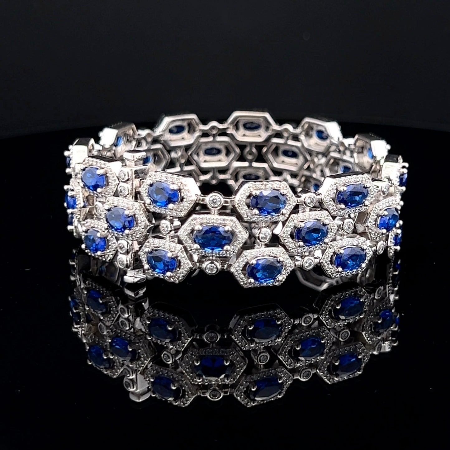 Oval Tanzanite Hexa Setting Ultra Premium Broad Statement Pure 925 Silver Bracelet