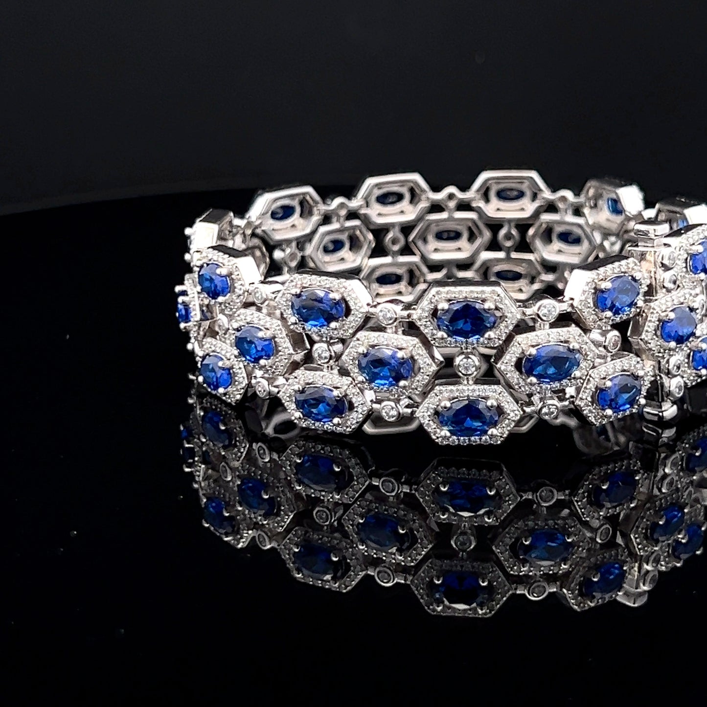 Oval Tanzanite Hexa Setting Ultra Premium Broad Statement Pure 925 Silver Bracelet