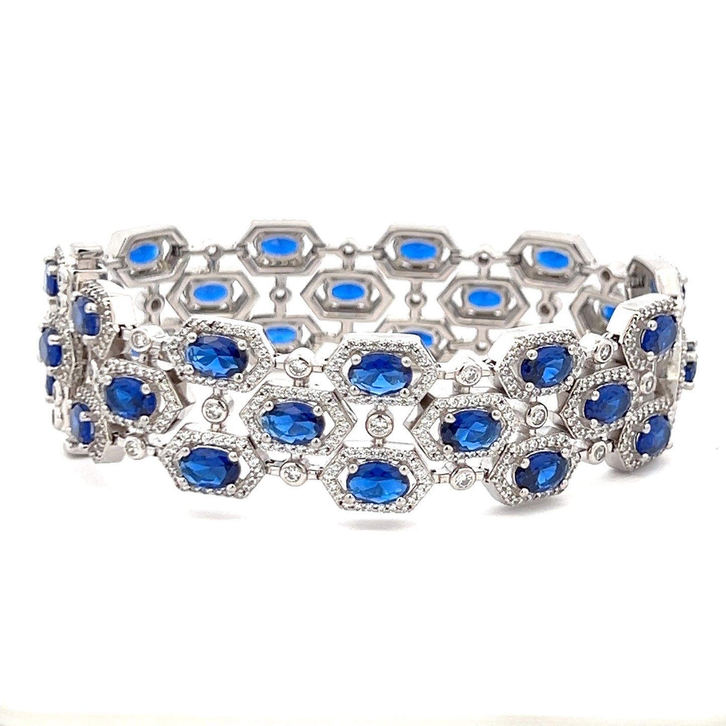 Oval Tanzanite Hexa Setting Ultra Premium Broad Statement Pure 925 Silver Bracelet