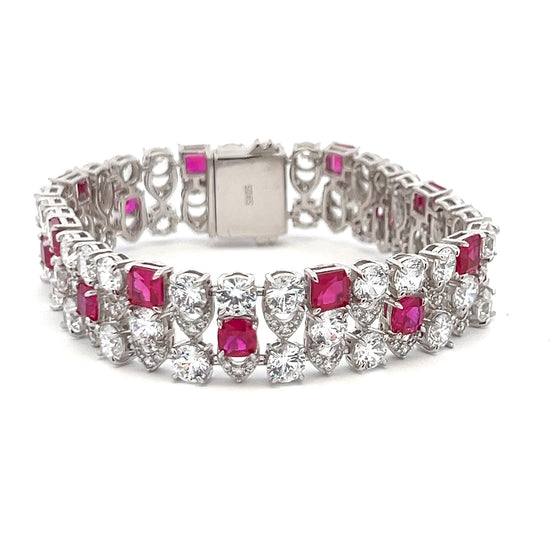 Ultra Premium Chunky Princess Cut Ruby Tennis Bracelet with 50 Pointer Round Cut Solitaires on Pure 925 Silver