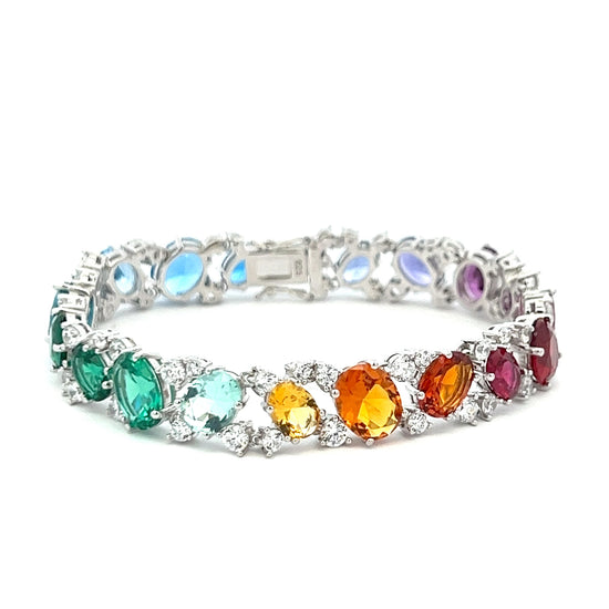 Ultra Premium White Gold Finish Oval Cut Solitaire Rainbow Tennis Bracelet on Pure 925 Silver