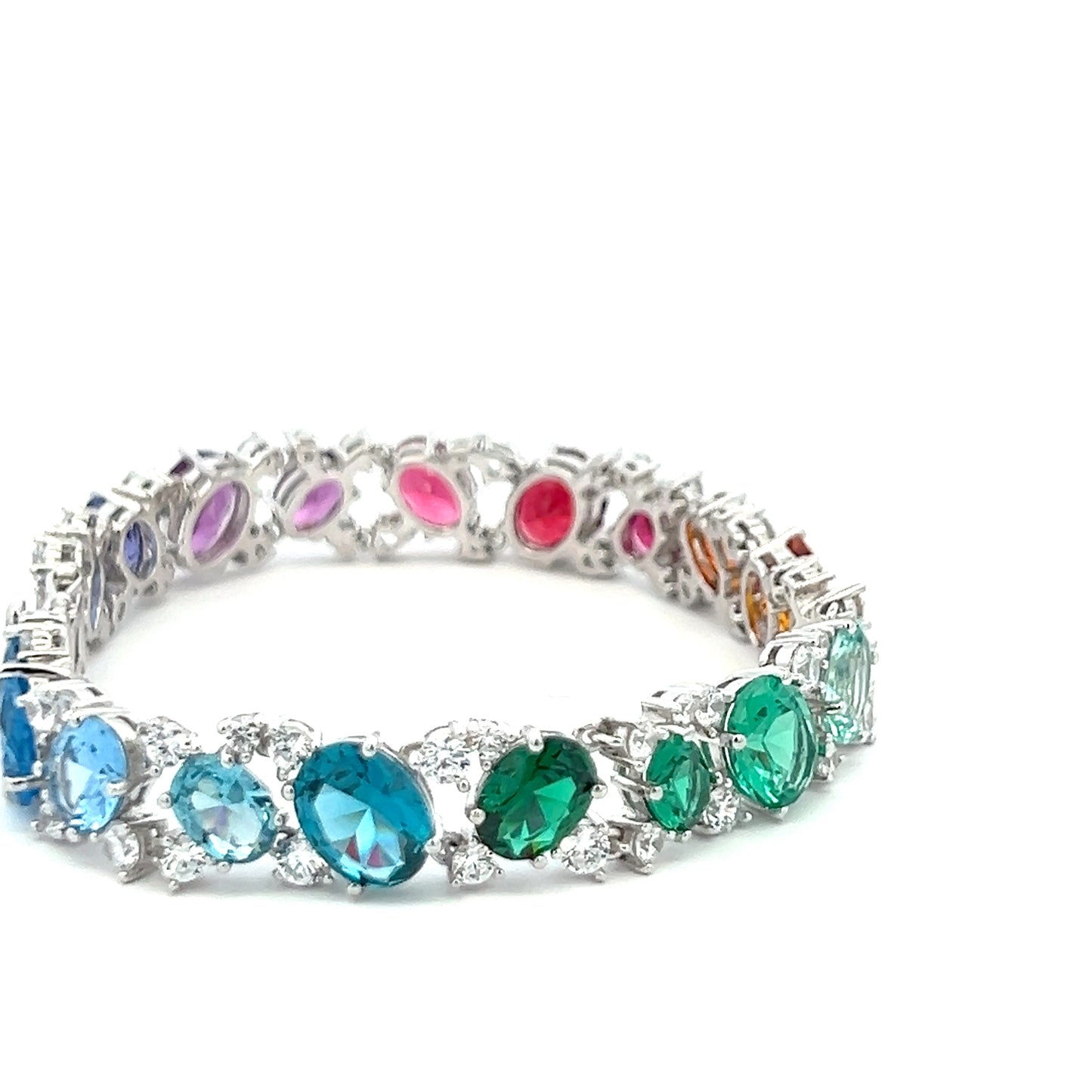 Ultra Premium White Gold Finish Oval Cut Solitaire Rainbow Tennis Bracelet on Pure 925 Silver