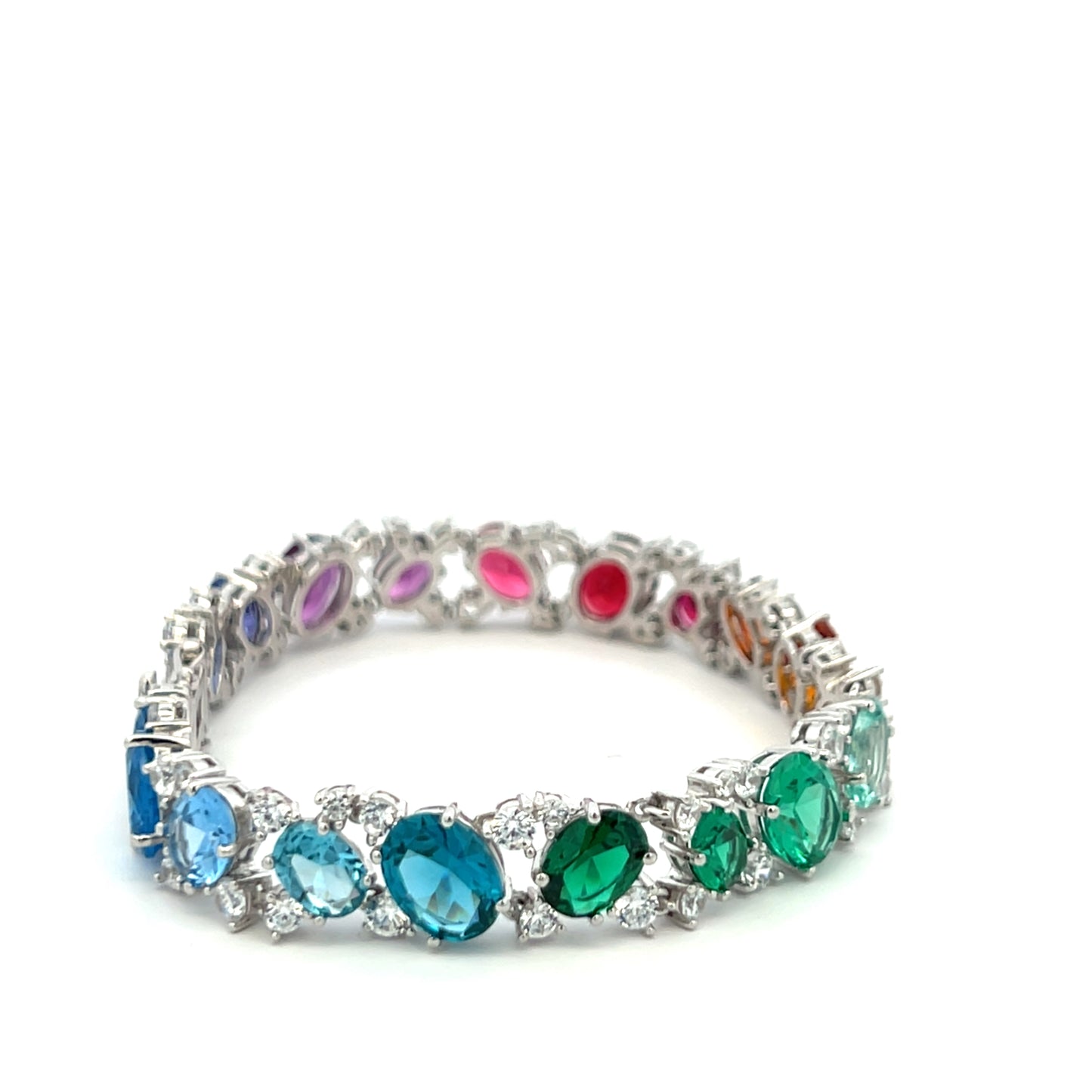 Ultra Premium White Gold Finish Oval Cut Solitaire Rainbow Tennis Bracelet on Pure 925 Silver