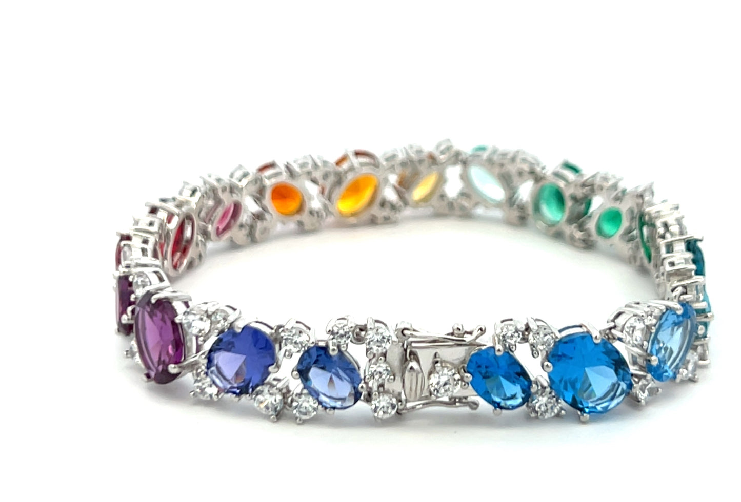 Ultra Premium White Gold Finish Oval Cut Solitaire Rainbow Tennis Bracelet on Pure 925 Silver