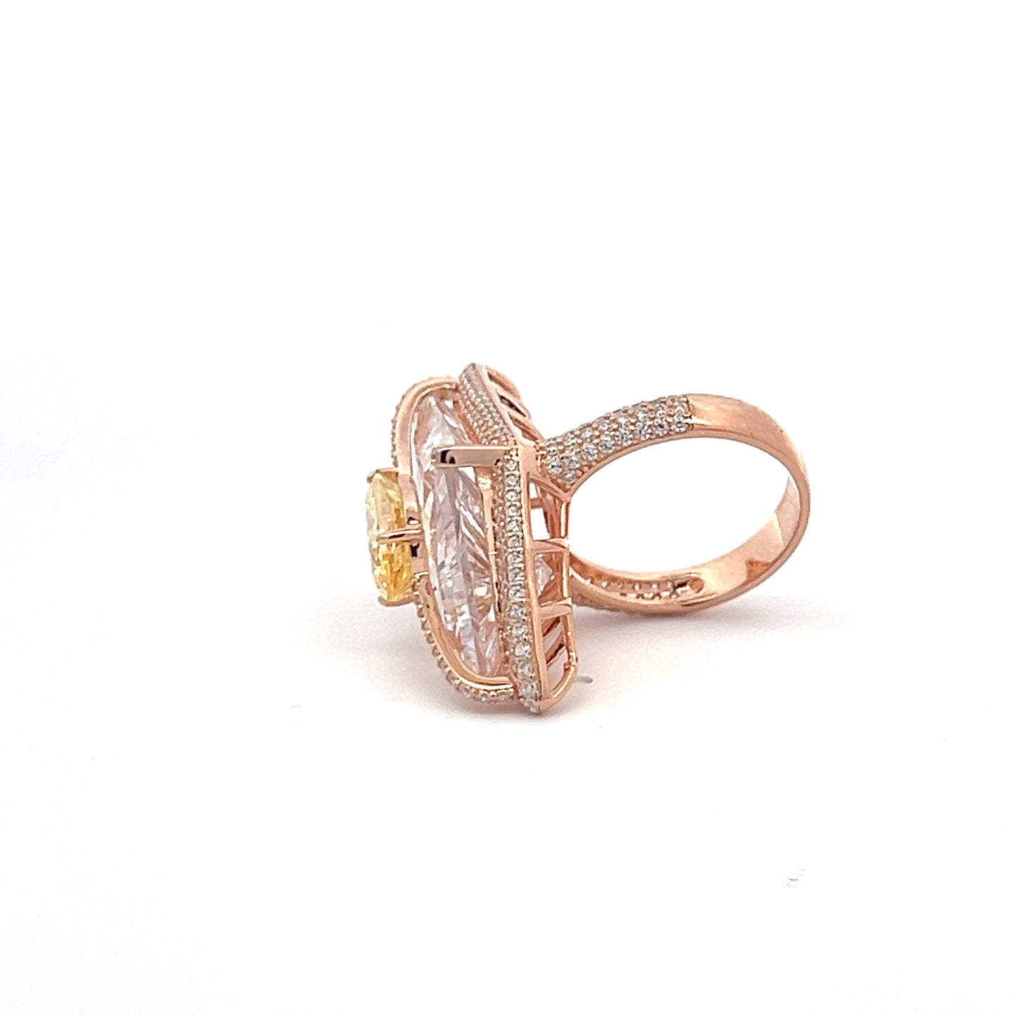 Ultra Premium Rose Gold Finish Marytime Cocktail Ring with Yellow Diamond Drop Solitaire on Pure 925 Silver