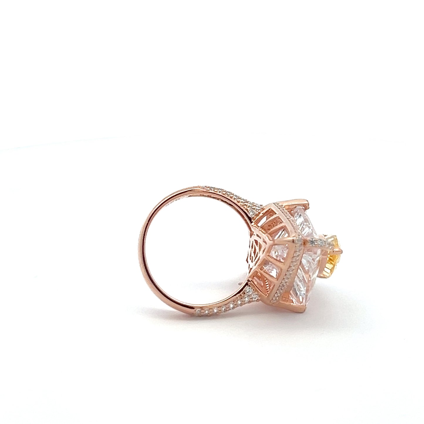 Ultra Premium Rose Gold Finish Marytime Cocktail Ring with Yellow Diamond Drop Solitaire on Pure 925 Silver