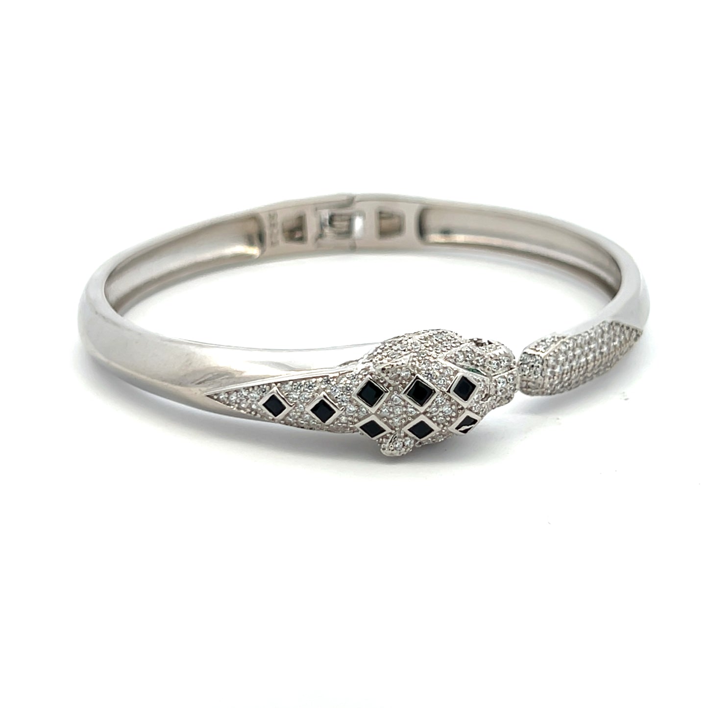 Luxury Brand Inspired Ultra Premium Micro Setting Diamond Openable Panther Bracelet with Green Emerald Eye Detailing on Pure 925 Silver
