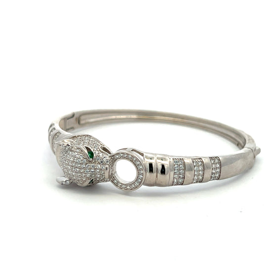 Luxury Brand Inspired Ultra Premium Micro Setting Diamond Openable Panther and Ring Bracelet with Green Emerald Eye Detailing on Pure 925 Silver