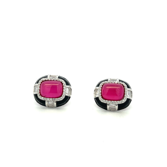 Ultra Premium Ruby Cabochon Black Onyx Stud Earrings on Pure 925 Silver
