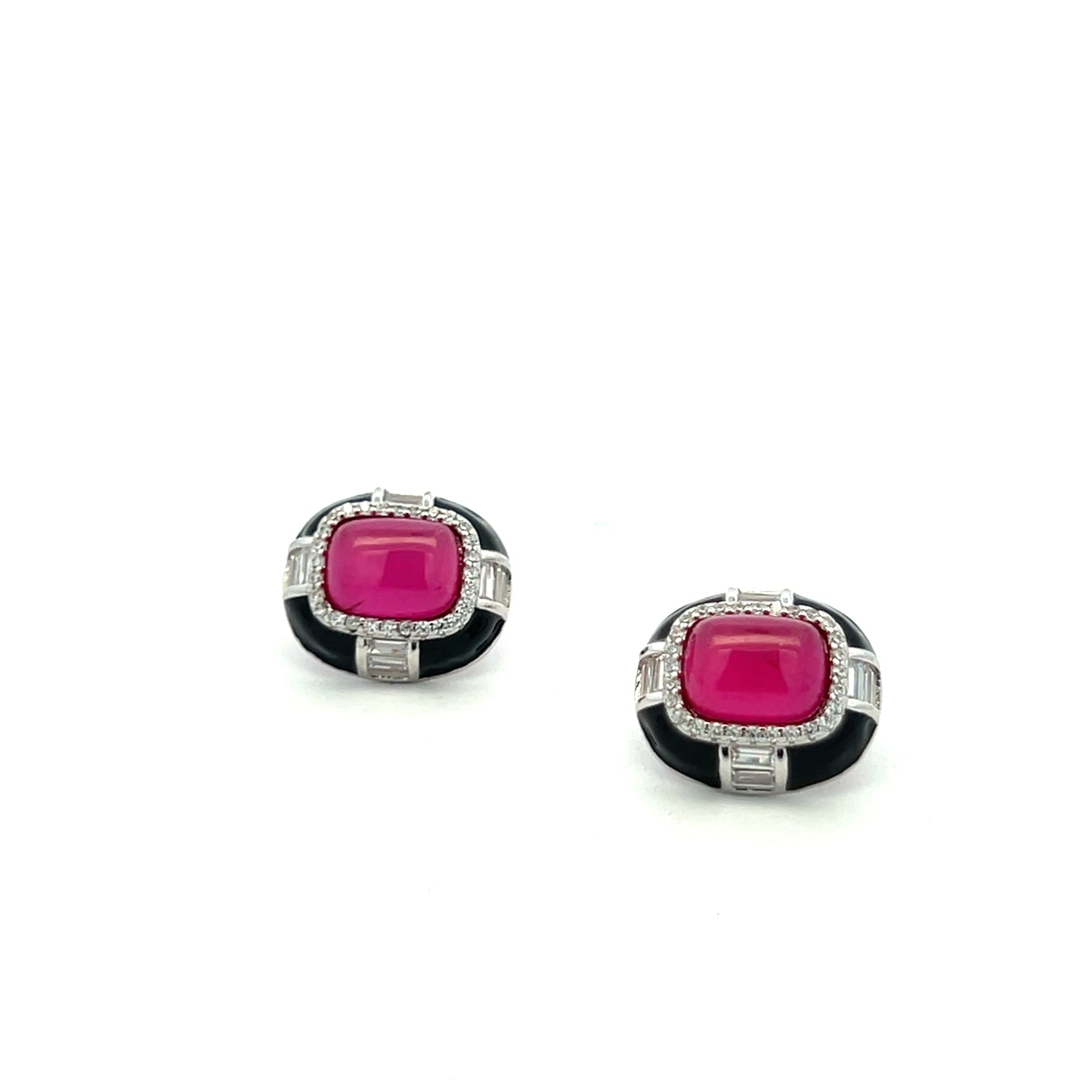Ultra Premium Ruby Cabochon Black Onyx Stud Earrings on Pure 925 Silver