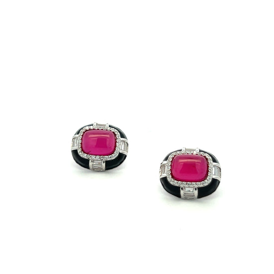 Ultra Premium Ruby Cabochon Black Onyx Stud Earrings on Pure 925 Silver