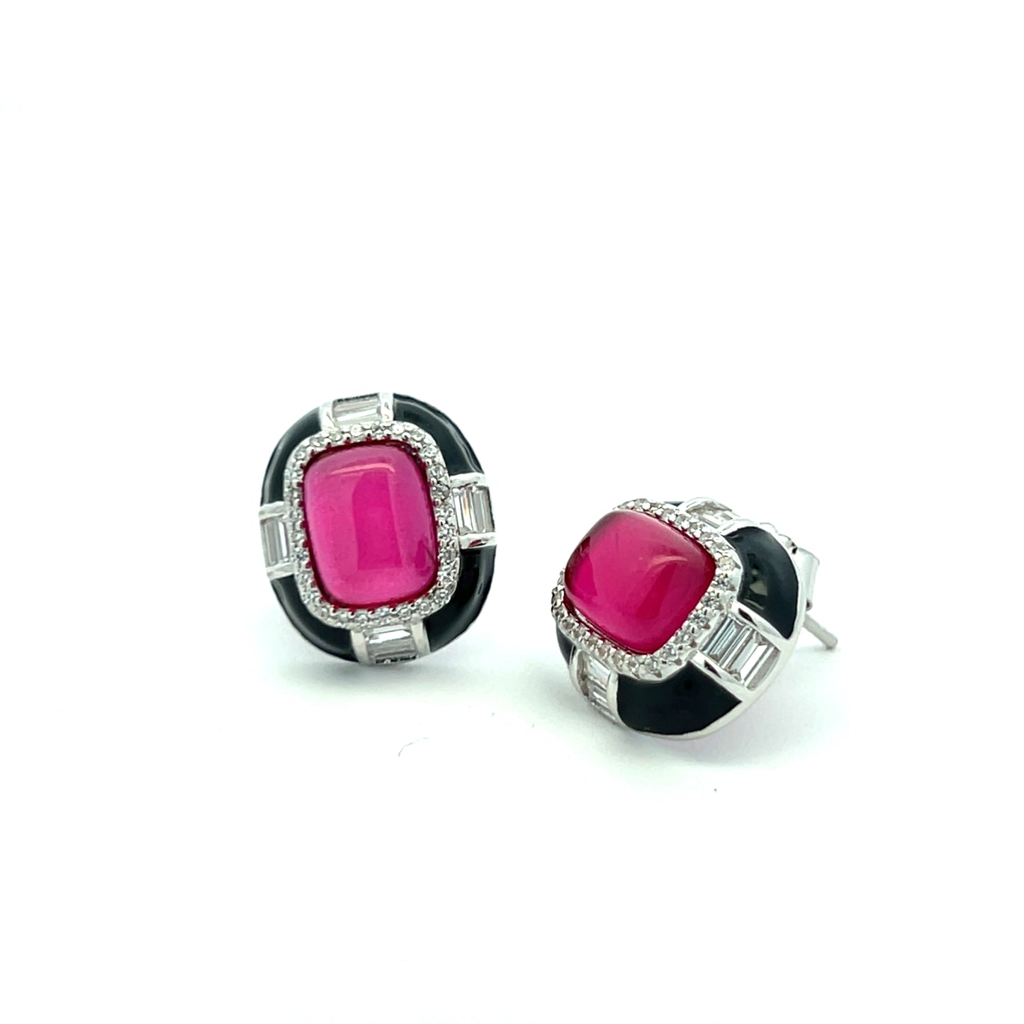 Ultra Premium Ruby Cabochon Black Onyx Stud Earrings on Pure 925 Silver